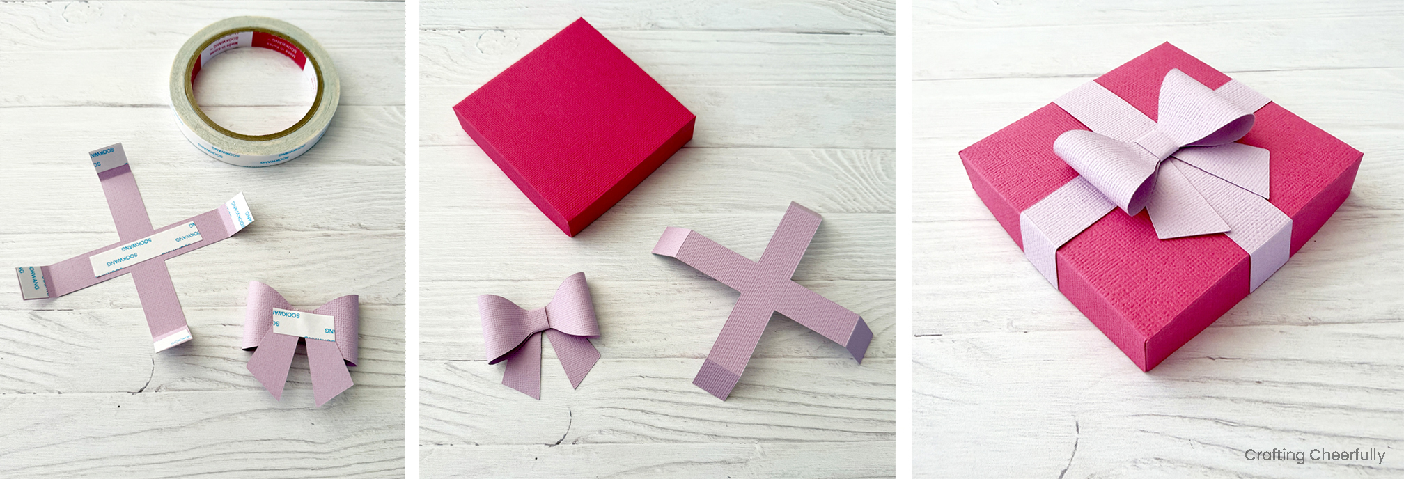 The paper ribbon and bow are attached to the top of the box lid. 