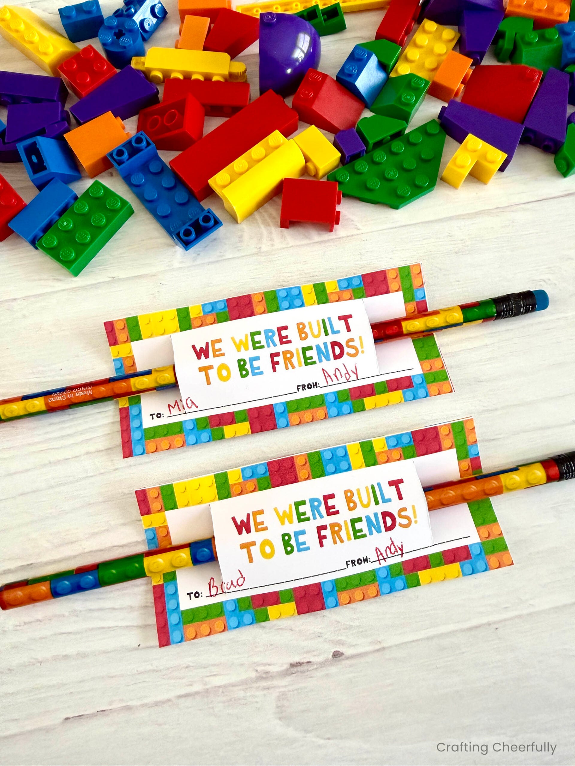 Lego brick themed valentine's for pencils.
