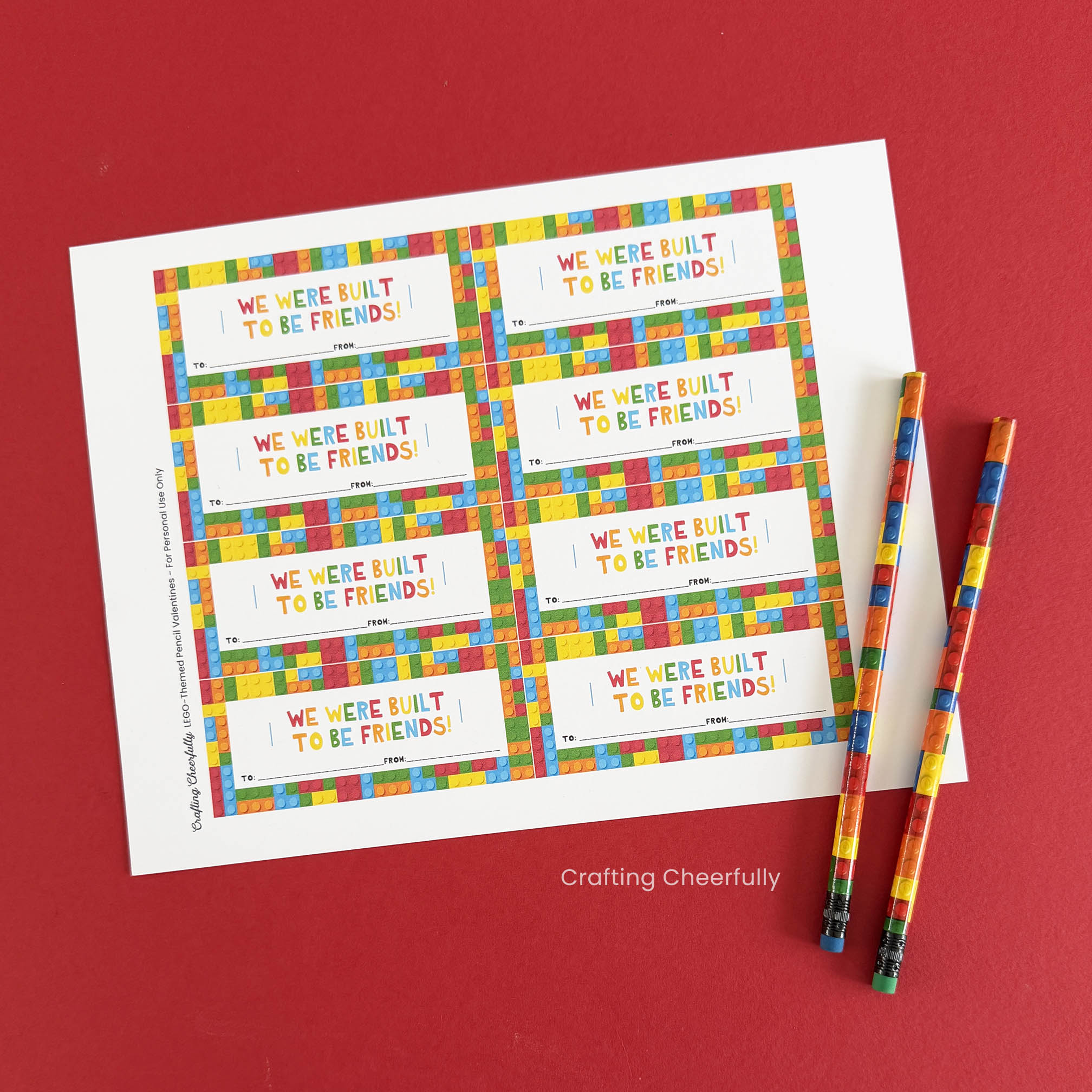 The Lego valetnine printables with lego-themed pencils.
