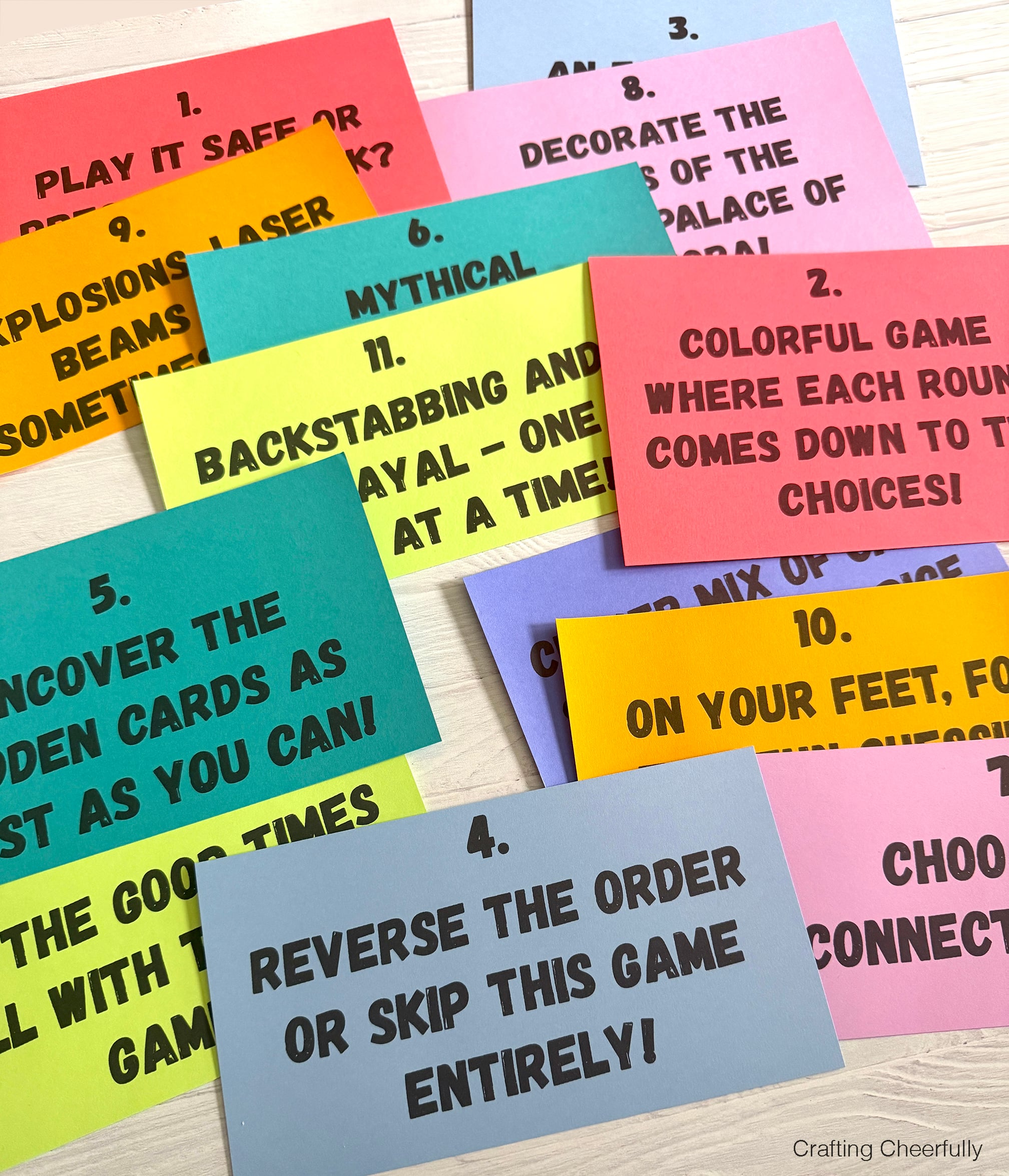 Clue cards for the card and board games that can be chosen.