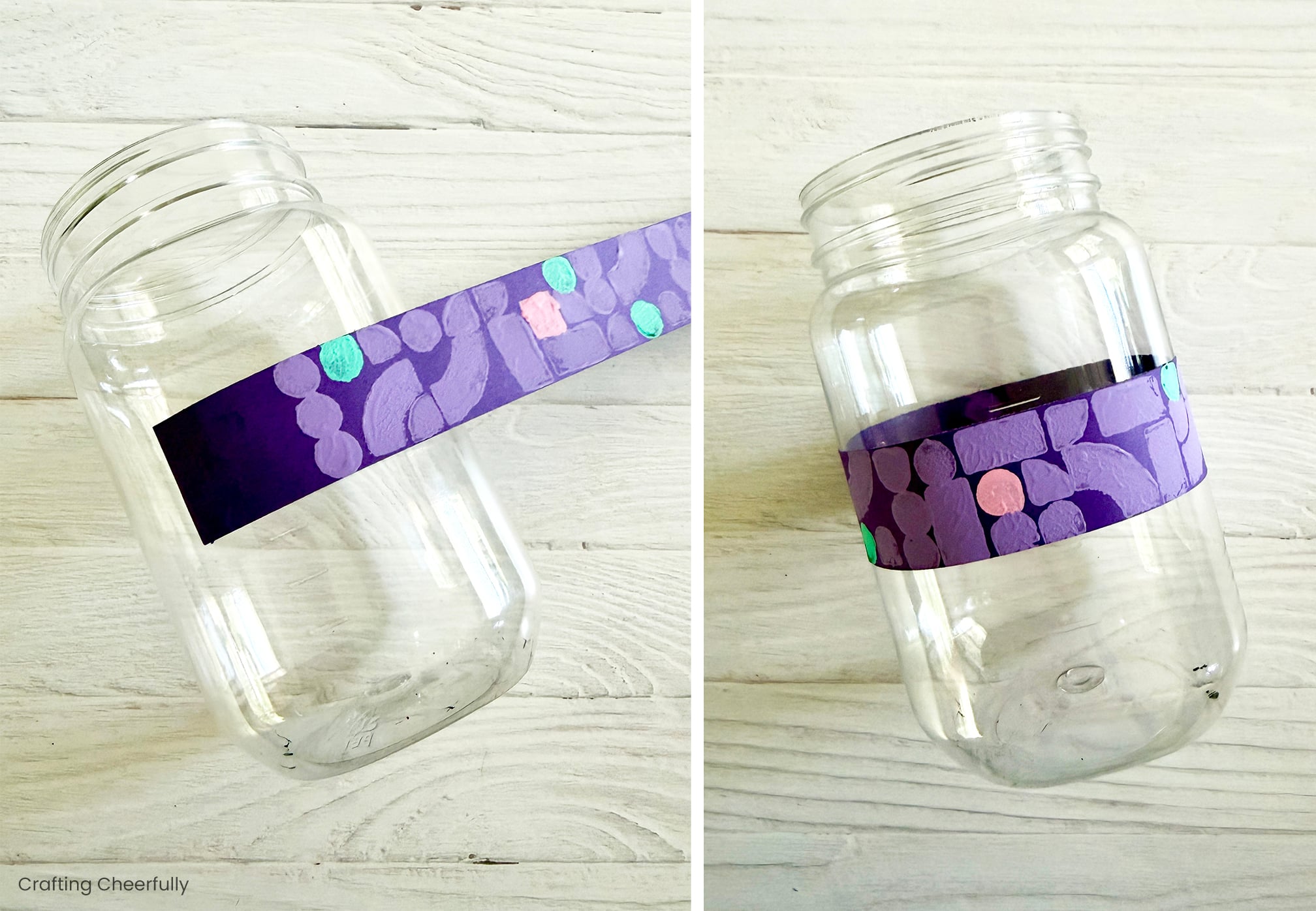 A piece of stamped purple paper wrapped around the mason jar.