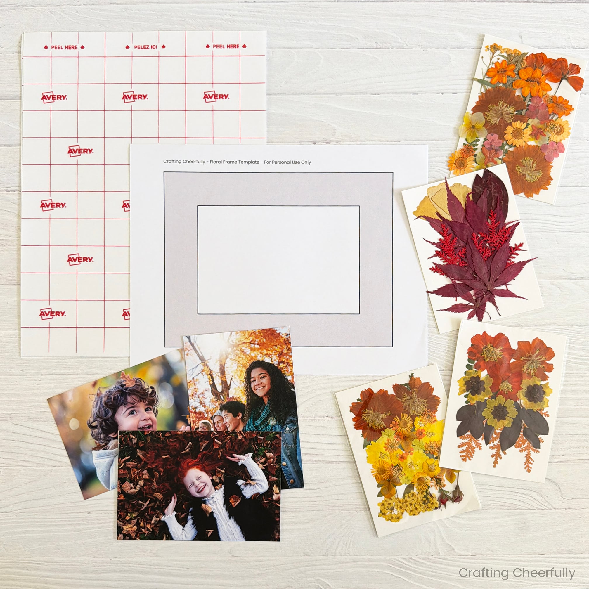 Supplies needed including pressed leaves, template, lamination sheets and photos.