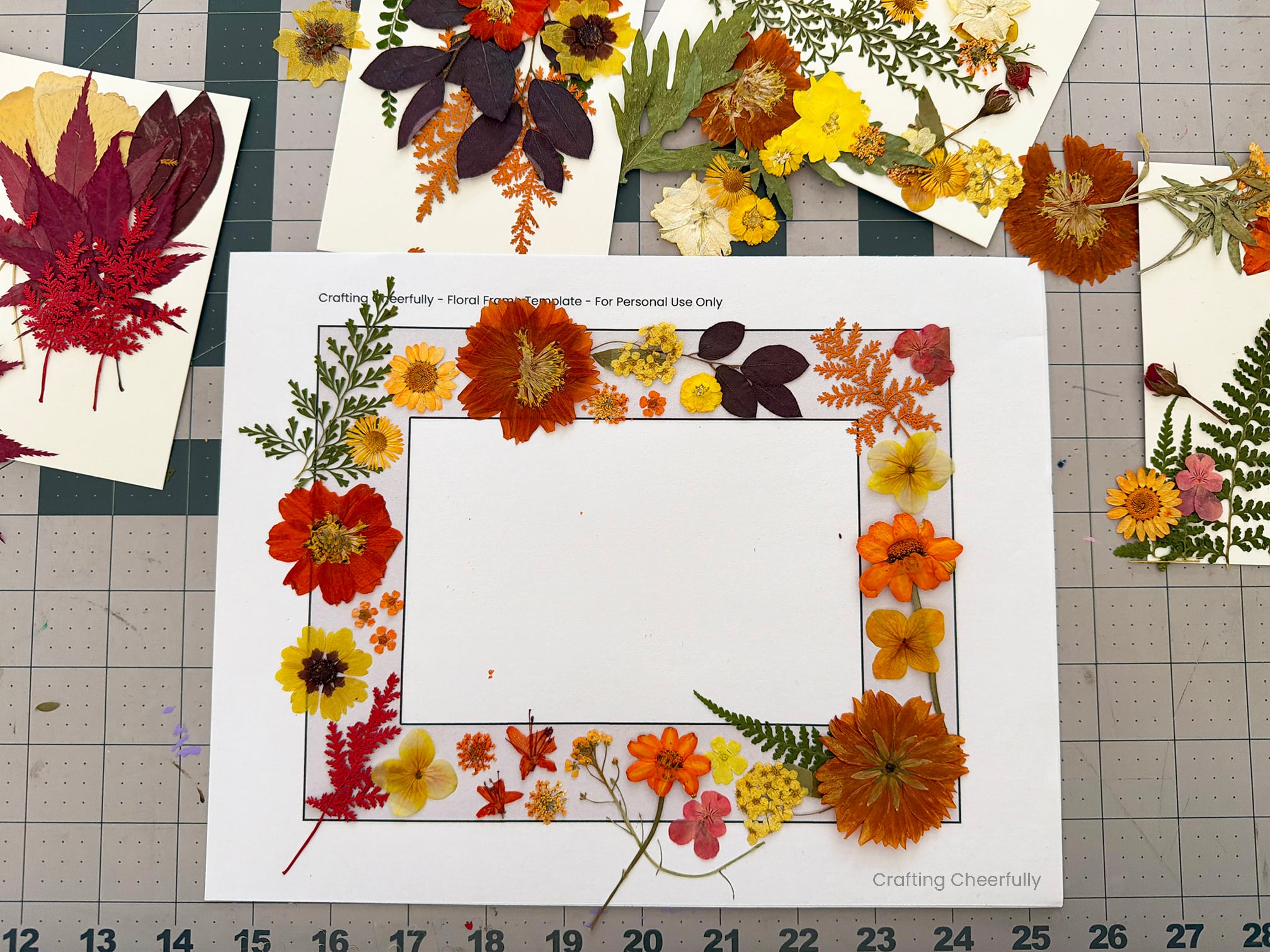 Pressed leaves are arranged on a second template.