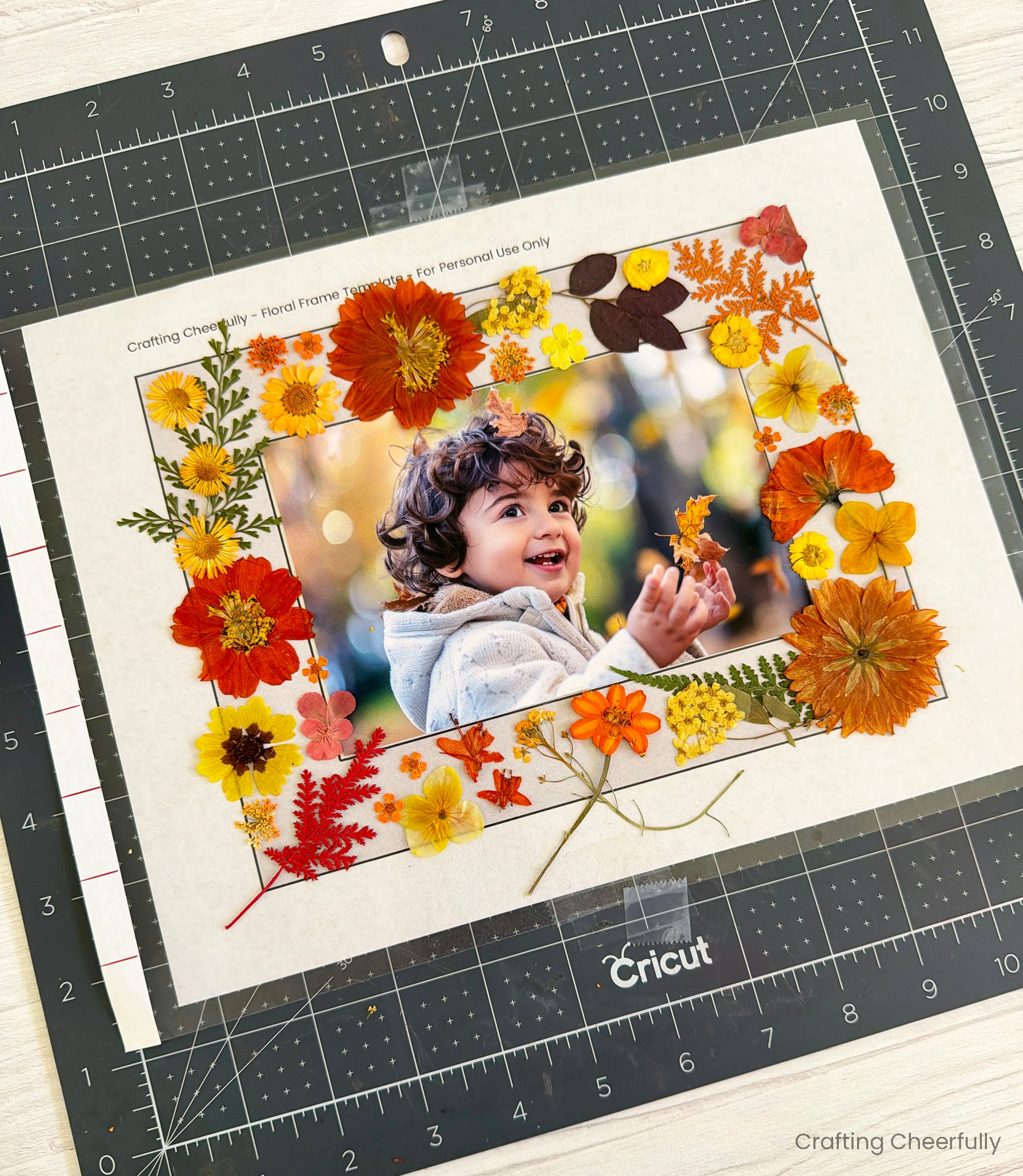 Leaves are arranged on the frame template.