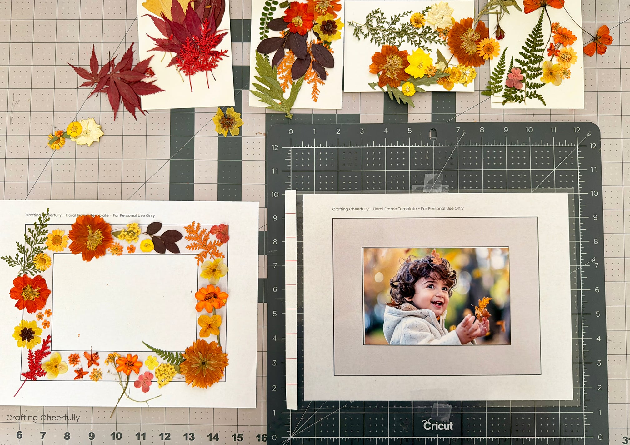 Leaves and flowers are transferred from one template to the template under the lamination sheet.