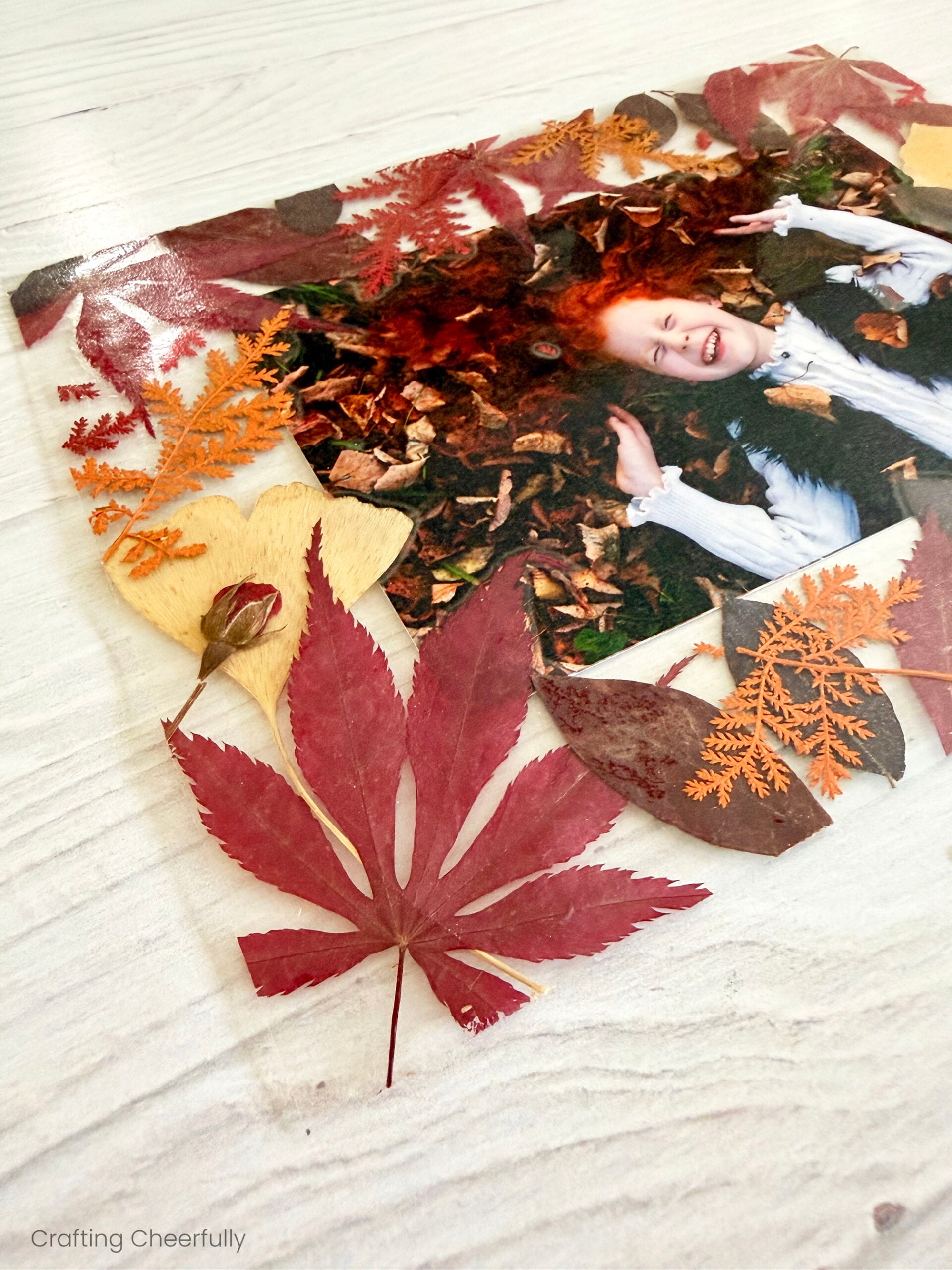 A photo of a little girl laying in leaves is shown in a frame made from pressed leaves.